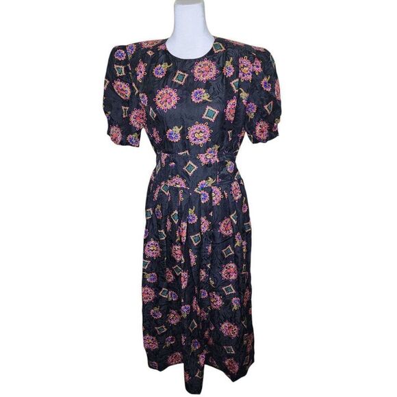 Karin Stevens Vintage Silk Short Sleeve Blouson Dress Womens Size 8 Black - Picture 1 of 6